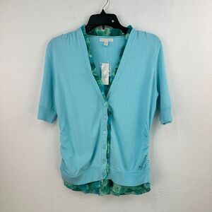 New York Company Sweater‎ Womens M Blue Green Floral Ruffle Ruched Cardigan NWT